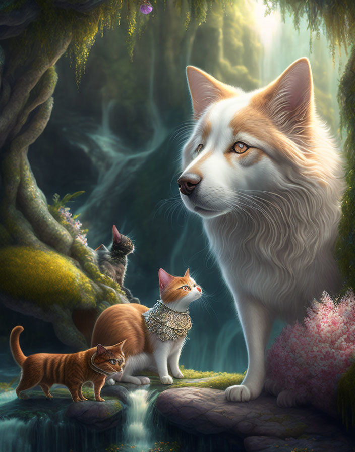 Illustration of majestic dog with two cats by waterfall in enchanted forest