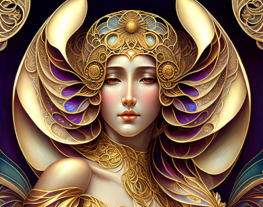 Illustrated woman with golden butterfly headgear on dark background