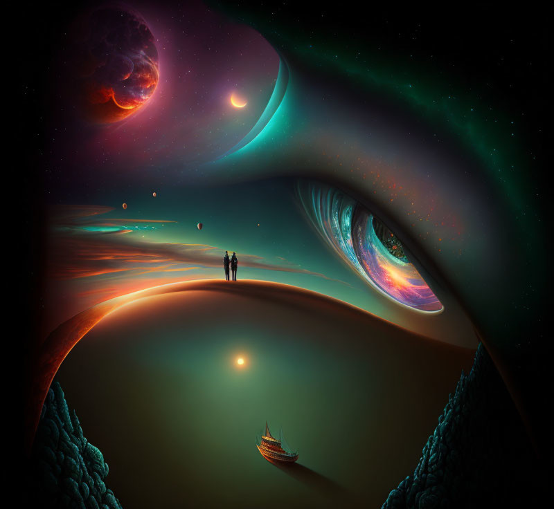 Surreal landscape with figures, cosmic sky, and stranded boat