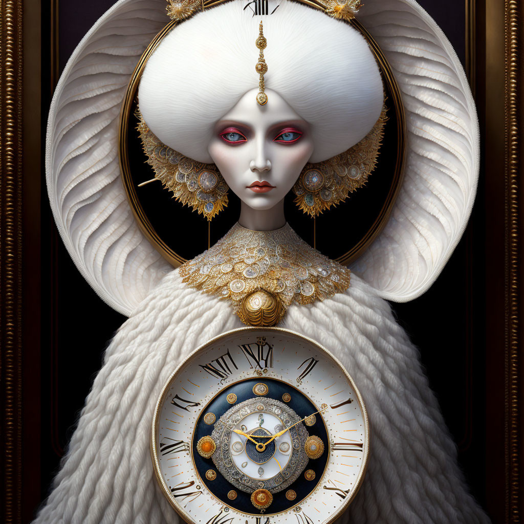 Digital portrait of female figure with white hair, gold jewelry, clock elements, dark background