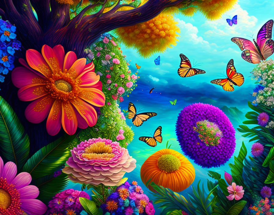 Colorful fantasy garden with oversized flowers and butterflies under blue sky