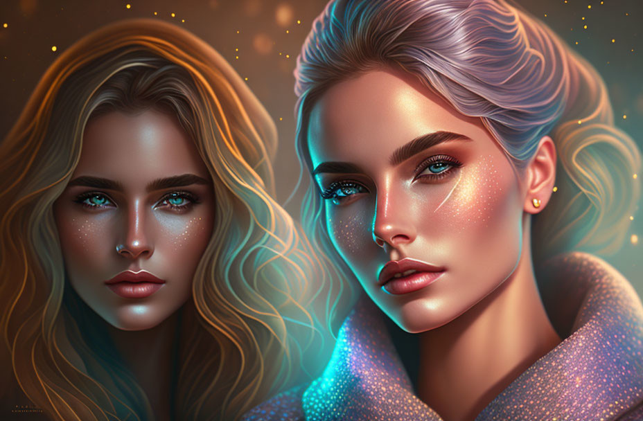 Stylized digital artwork of two women with glowing skin and starry backgrounds