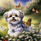 Fluffy White and Brown Puppy Surrounded by Colorful Flowers and Butterflies