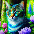 Vibrant cat with patterns among flowers and foliage