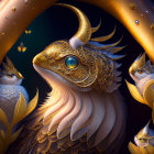 Golden-armored owl surrounded by smaller owls and gold-leafed flora under starry sky