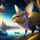 Fantastical rabbit with gold and gem embellishments by reflective lake