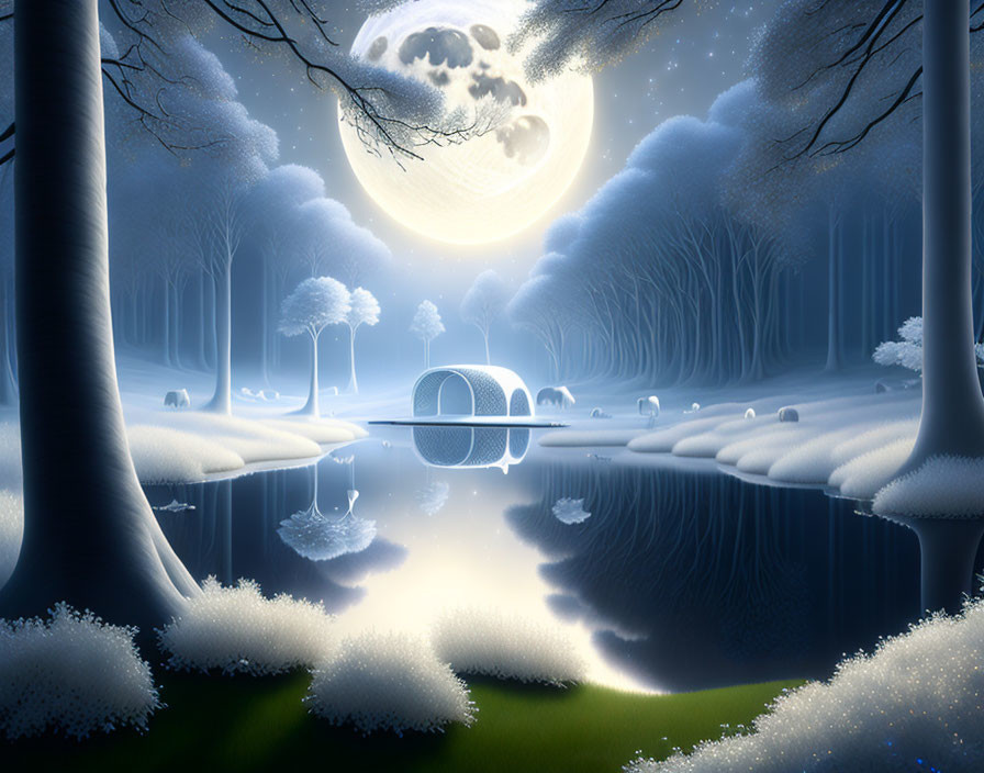 Full Moon Night: Snowy Forest, Reflective Lake, Cozy House