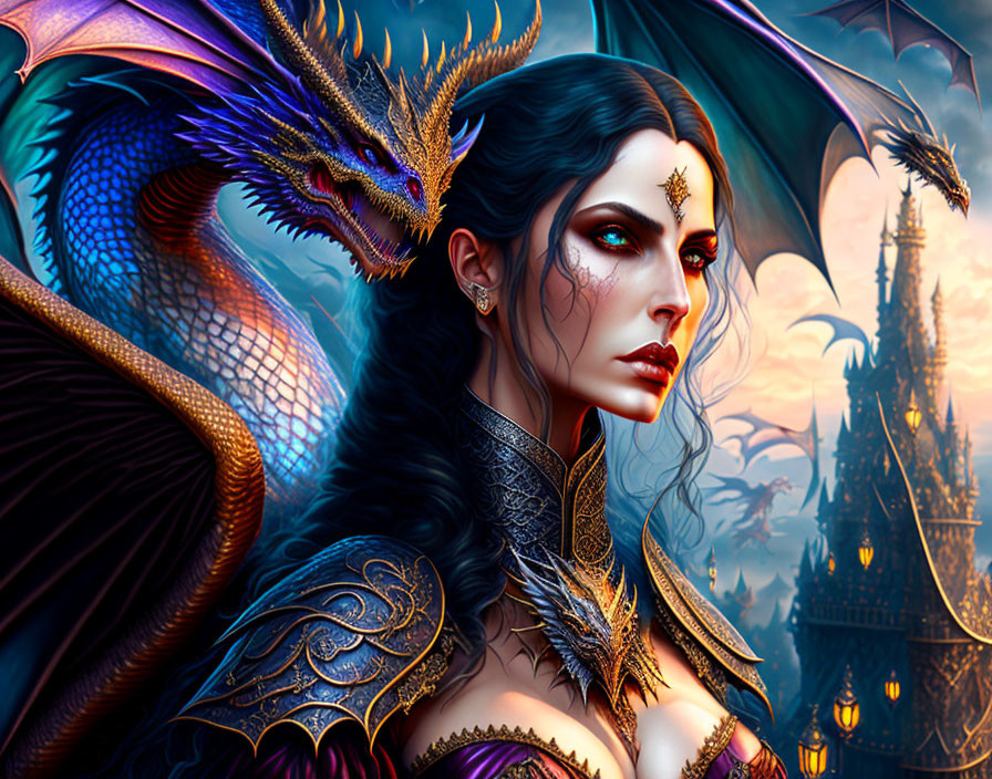 Fantasy artwork of woman and blue dragon at gothic castle