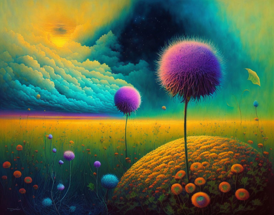 Colorful Painting of Oversized Dandelion-like Flowers Against Gradient Sky