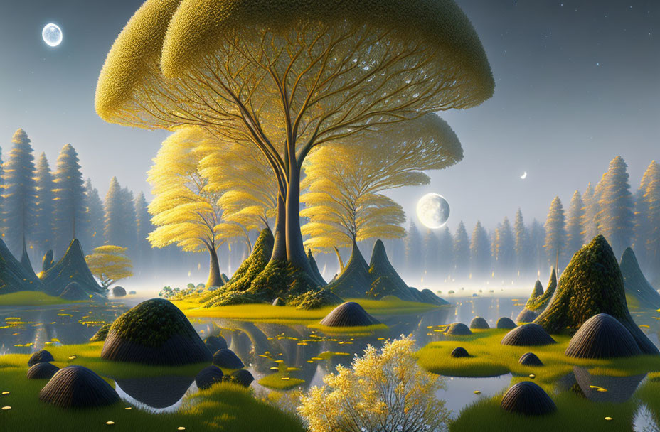 Surreal landscape with oversized mushrooms, yellow trees, misty lake, and glowing orbs