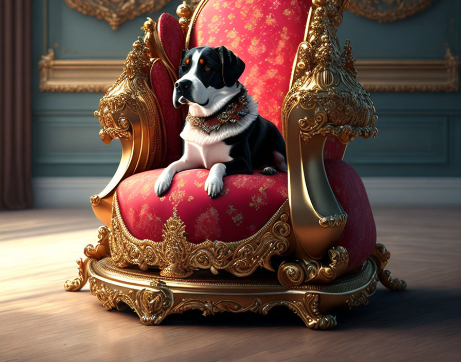 Black and White Dog on Golden Throne in Luxurious Room