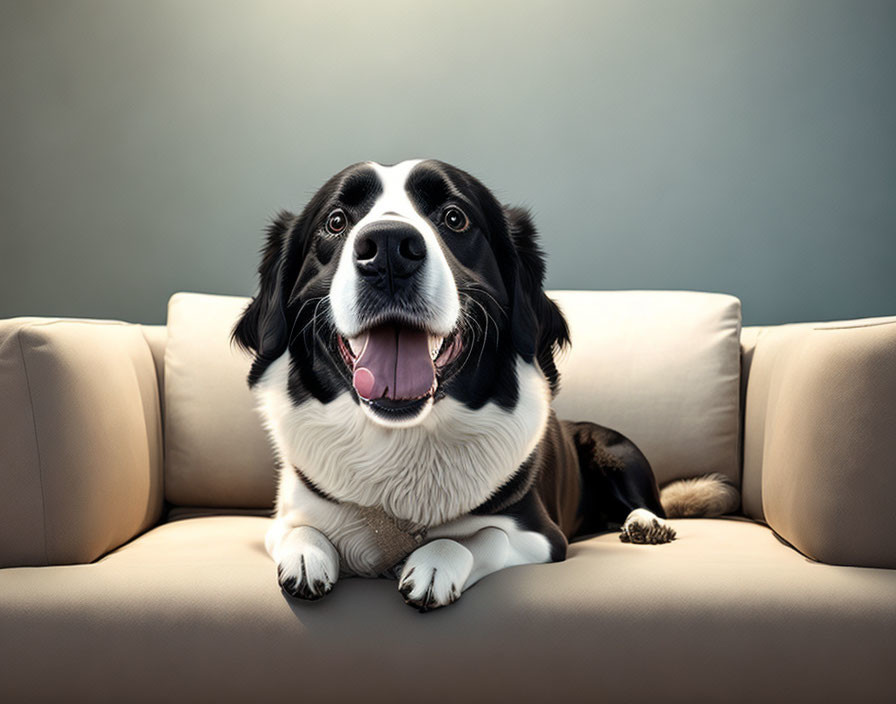 Black and white dog with pink tongue on beige sofa, grey wall background