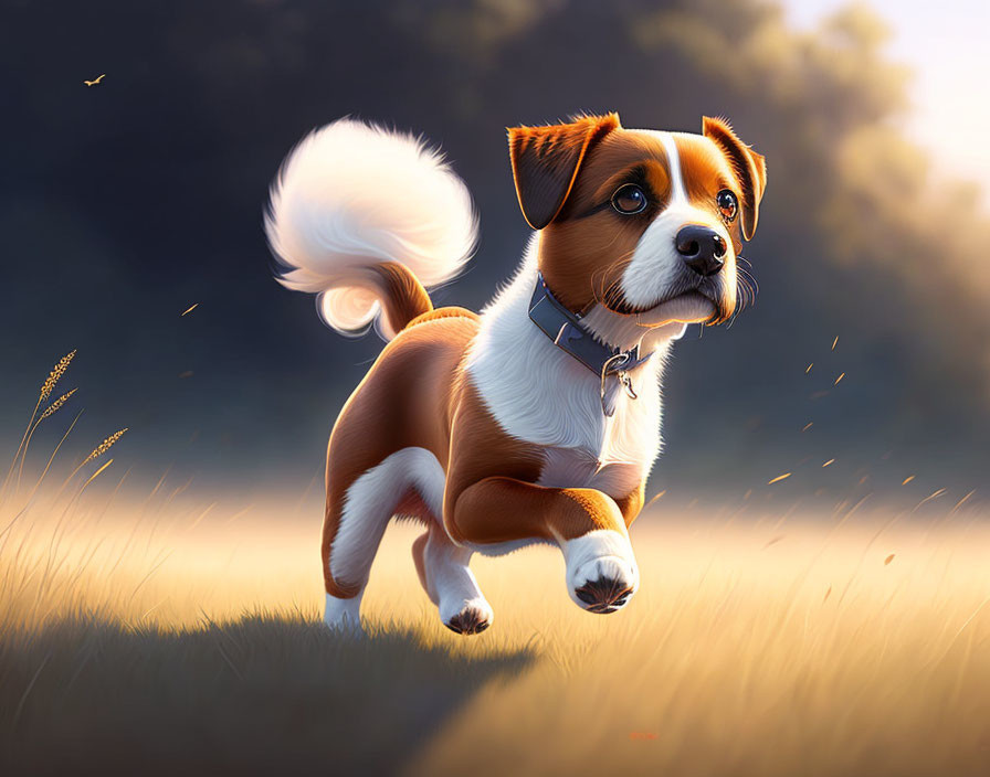 Brown and White Dog with Fluffy Tail in Sunlit Field