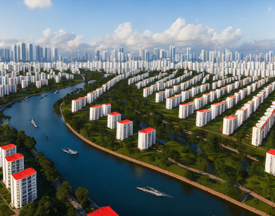 River winding through green park with white high-rise buildings in dense cityscape