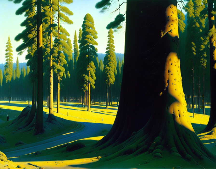 Illustrated forest scene with oversized pine trees, winding road, and sunlit shadows.