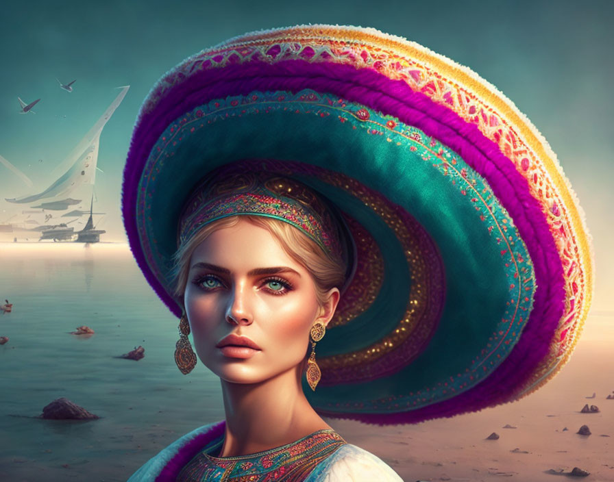 Vibrant digital artwork of a woman in ornate sombrero against dreamy background