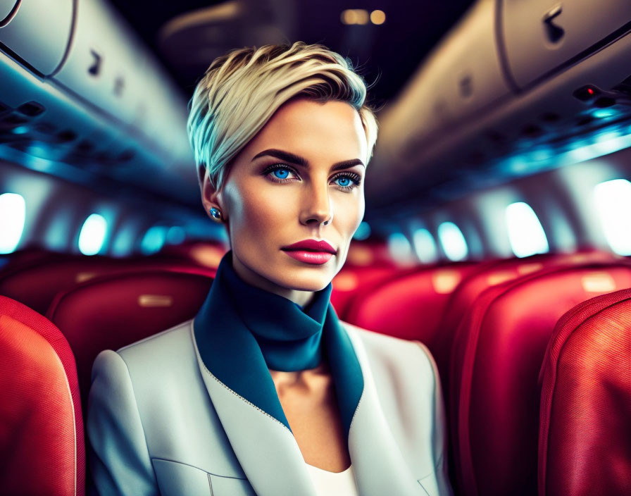 Stylized image of woman with blond hair in white jacket on airplane