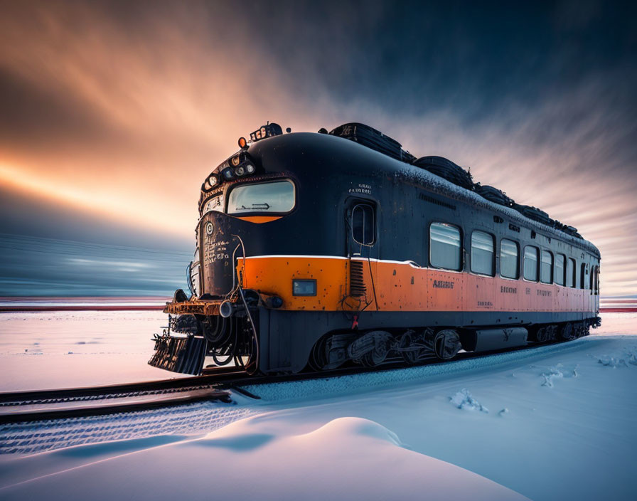 Vintage Train on Snowy Tracks Under Dramatic Sunset Sky