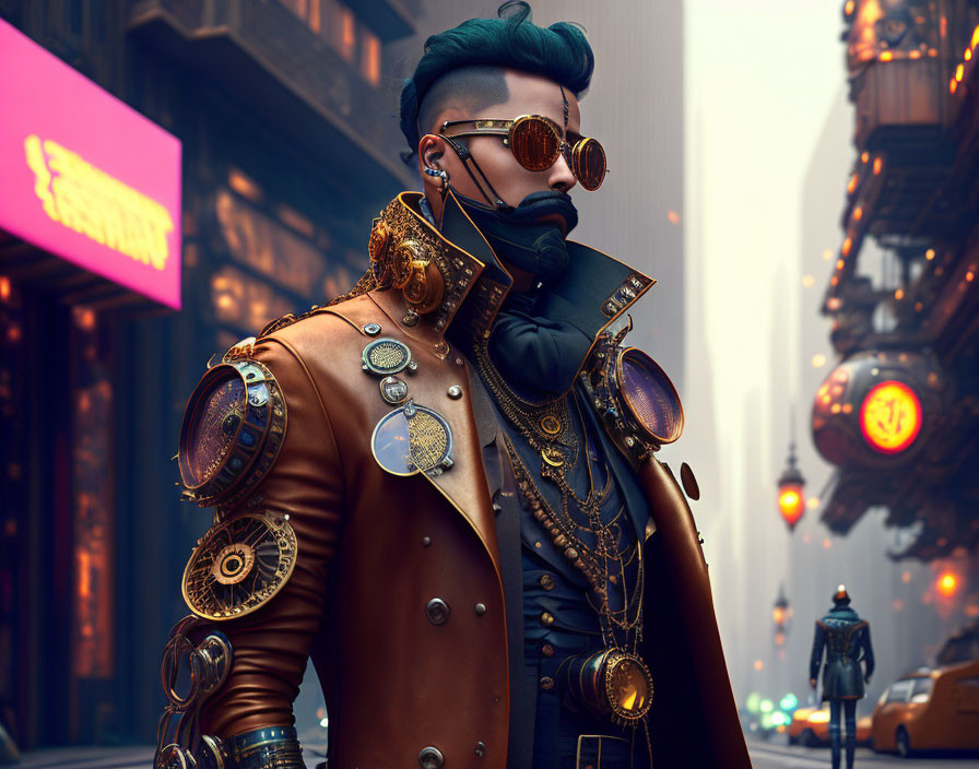 Steampunk-inspired outfit with leather coat, gears, metallic ornaments, dark glasses, and futuristic hairstyle