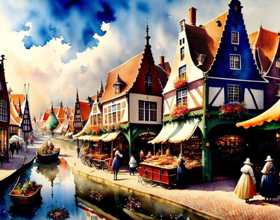 Colorful European Canal Town Painting with Market Stalls, Boats, and Traditional Attire People