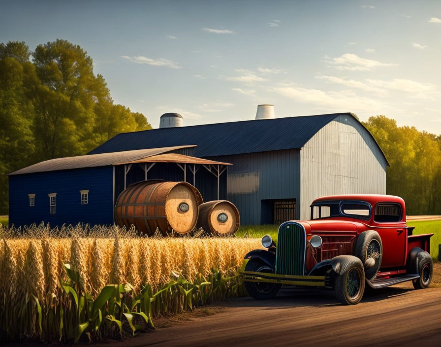 Vintage red car near cornfield with blue barn and wooden barrels - rustic rural scene