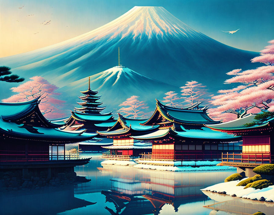 Traditional Japanese scene: Pagoda, cherry blossoms, Mount Fuji