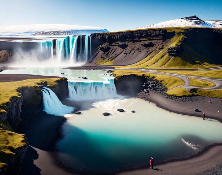 Majestic waterfall cascading into serene pool with green cliffs - Panoramic view