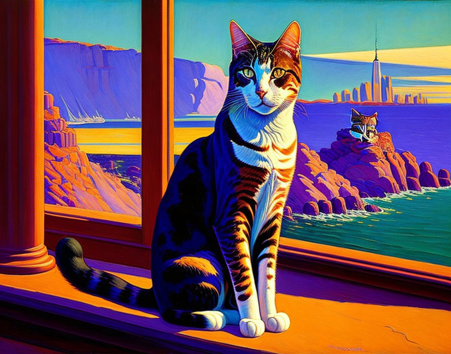 Colorful Striped Cat Painting with Cityscape and Seaside Scene