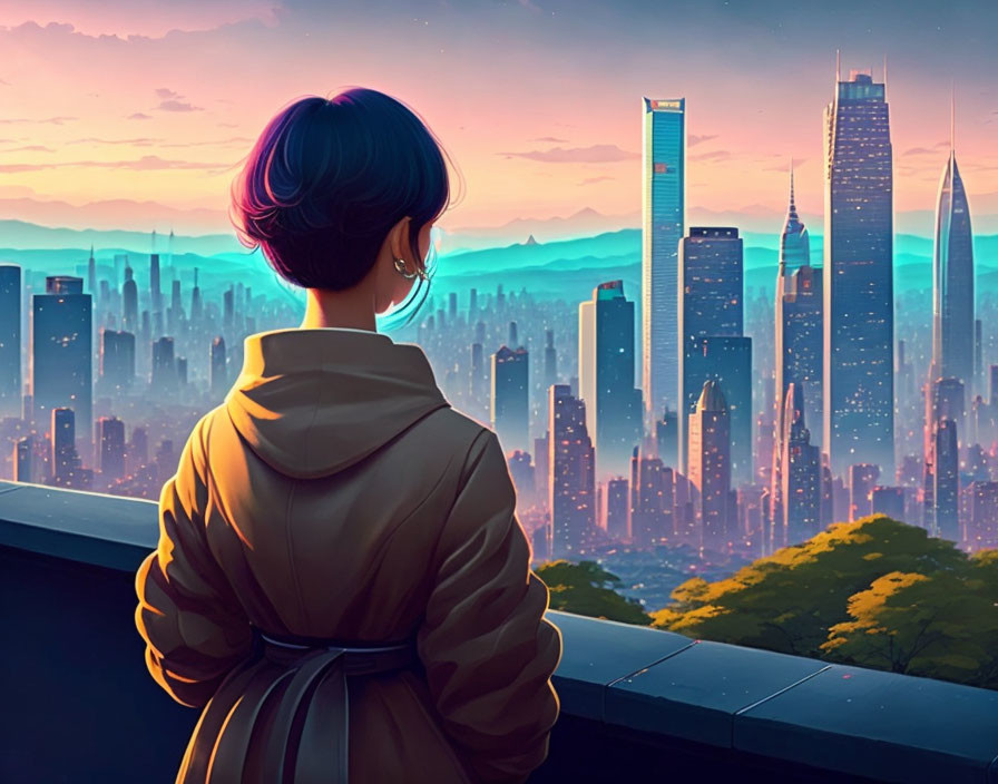 Short-haired person admires cityscape at sunset with skyscrapers in silhouette.