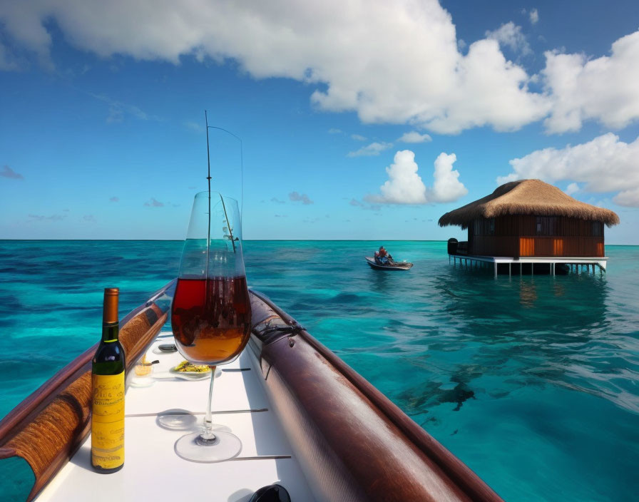 Glass of wine, bottle, fishing rod, hut on stilts, turquoise sea, person on jet