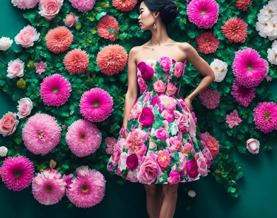 Woman in Floral Dress Blending with Vibrant Flower Wall