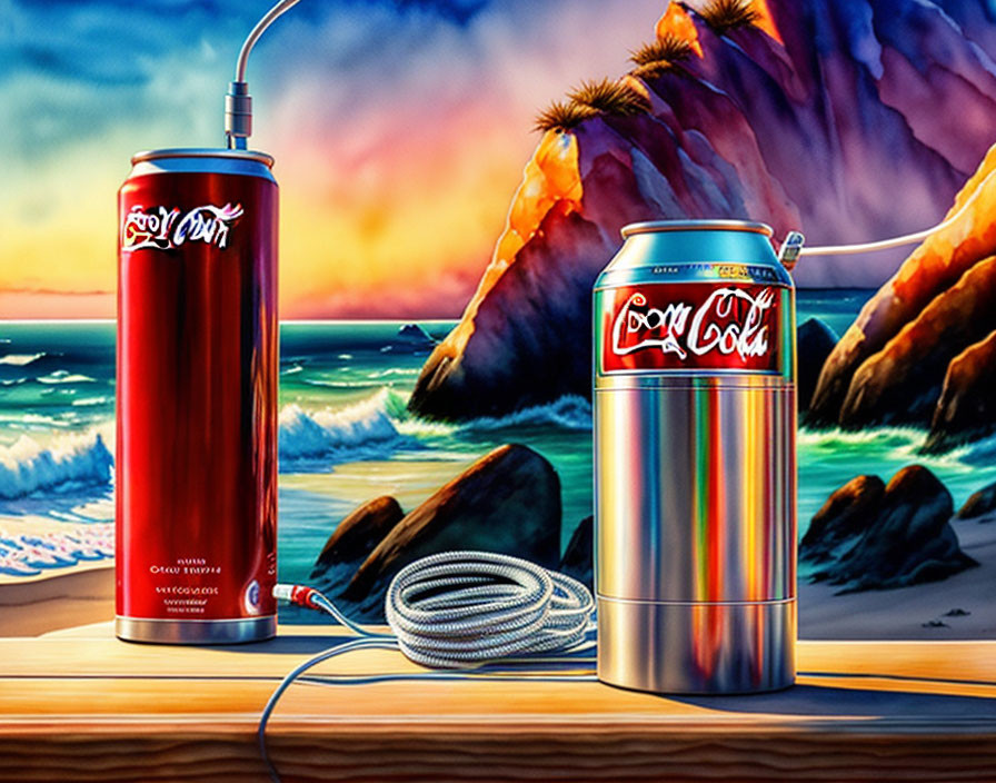 Colorful artwork with red Coke can, gas pump, beach sunset