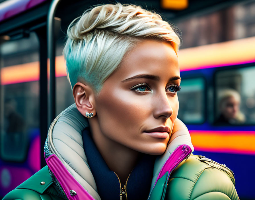 Blonde woman in green puffer jacket with pink details posing in city setting