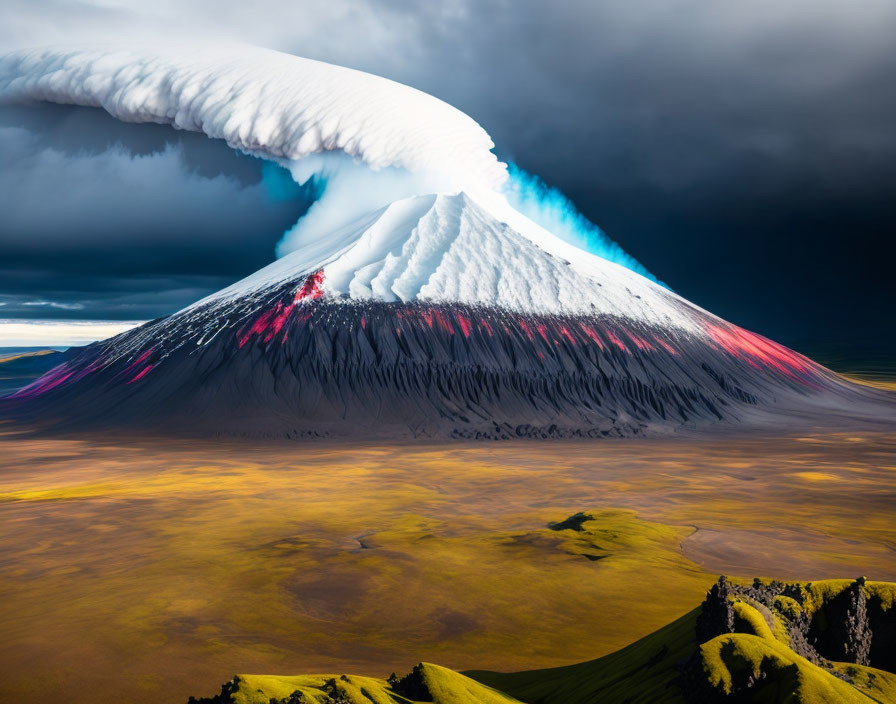 Erupting volcano spewing smoke, ash, and lava against stormy sky and golden plains