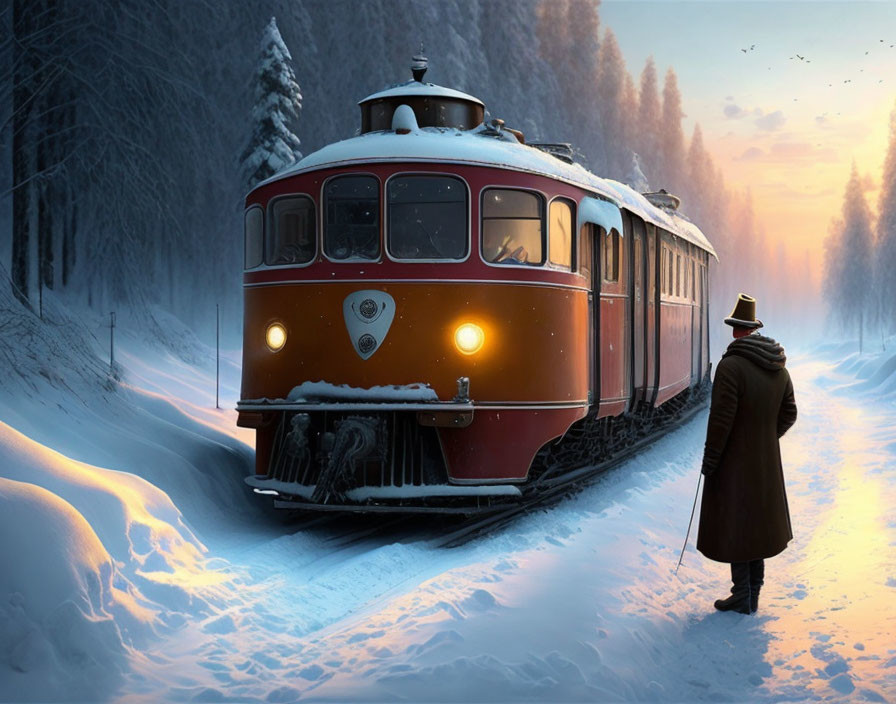 Vintage red train approaching person on snow-covered track in serene snowy forest at dusk with flying birds.