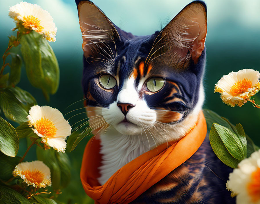 Striped Cat with Large Ears in Orange Scarf Among Flowers