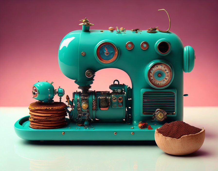 Teal Retro-Futuristic Sewing Machine with Miniature Robot and Pancakes on Pink Background