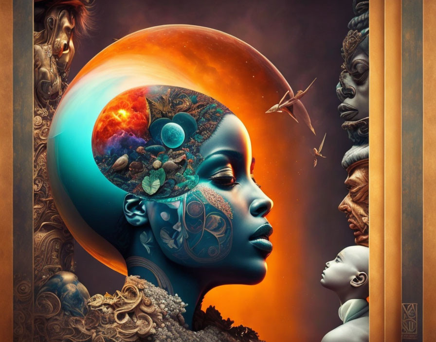 Surreal digital artwork: Woman with cosmos-themed head among ethereal figures