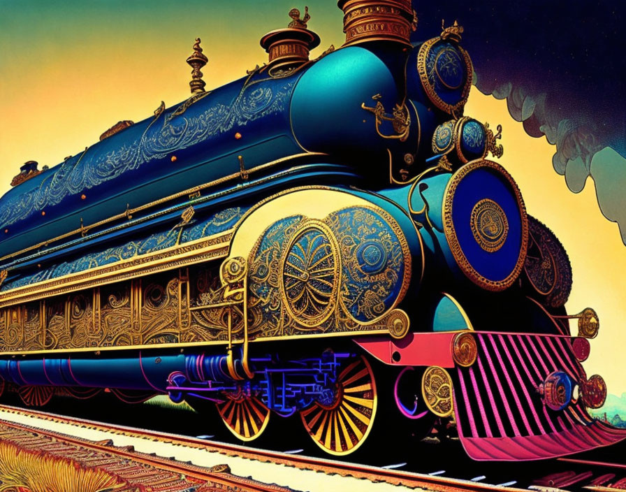 Colorful vintage locomotive with intricate patterns in blues, yellows, and golds