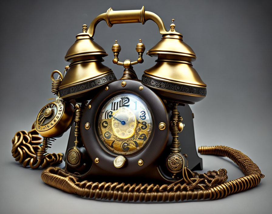 Steampunk-style Telephone with Gears on Grey Background