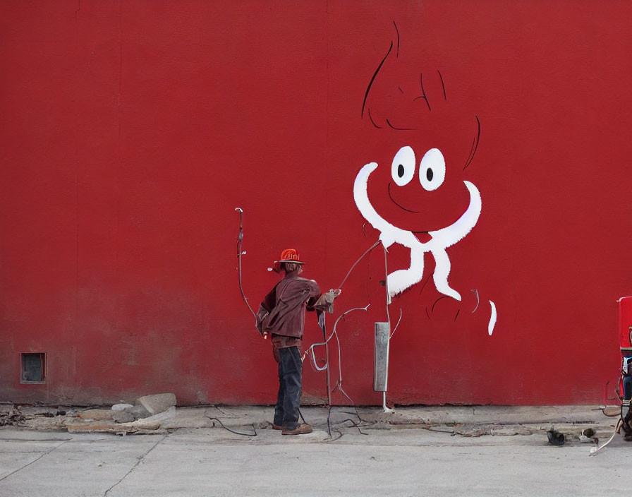 Construction worker with hard hat and equipment near whimsical graffiti on red wall