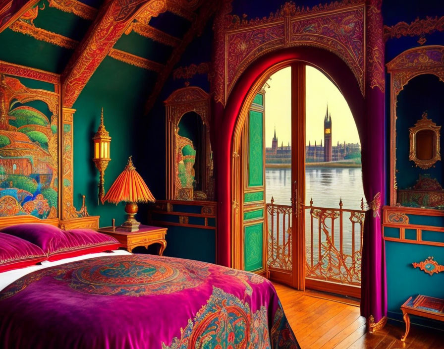 Ornately Decorated Bedroom with Cultural Motifs and River Thames View