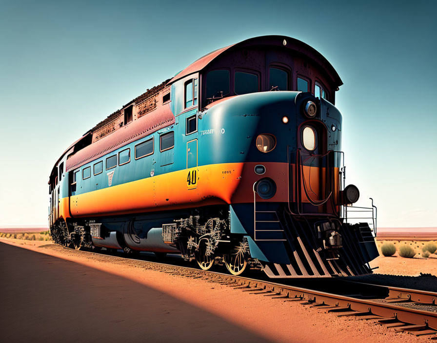 Classic Blue and Orange Locomotive Train in Desert Landscape