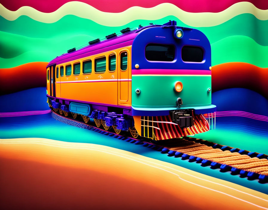 Colorful Rainbow Train Travels on Vibrant Multicolored Lines