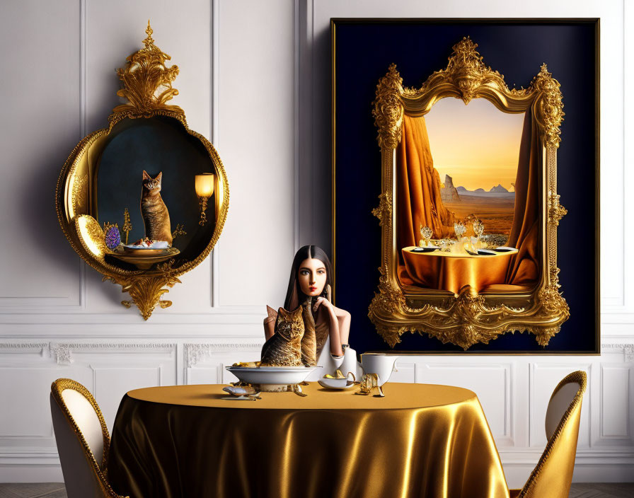 Surreal image of woman, two cats in elegant room with golden decor