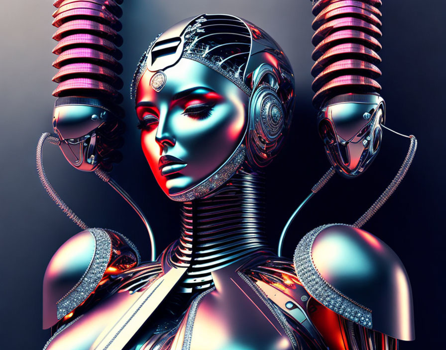 Futuristic female robot with intricate headgear on dark background