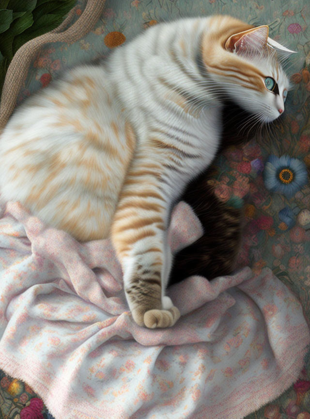 Cream and Brown Fluffy Cat on Pink Floral Blanket with Flowers