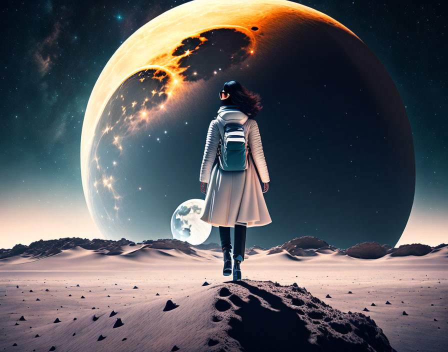 Person in white coat gazes at giant planet and moons in starry sky