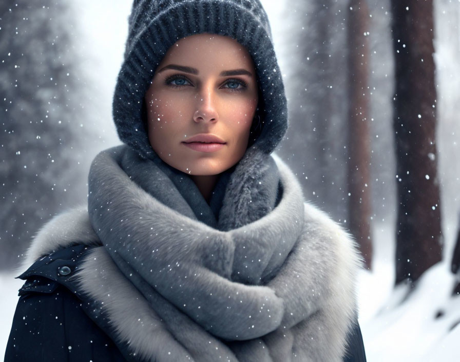 Woman with Striking Eyes in Snowy Landscape with Warm Hat and Scarf