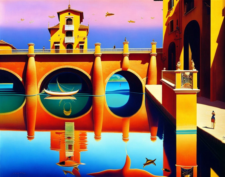 Colorful surreal painting of canal with arched bridges and boats